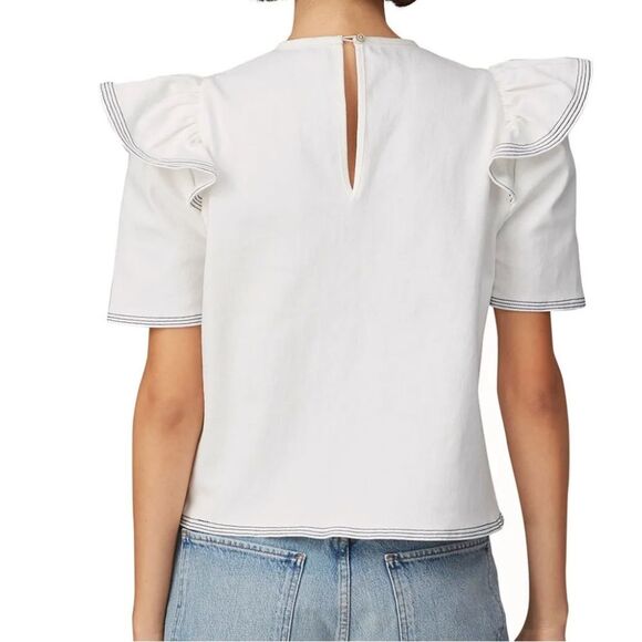 Saylor White Denim Ruffle Front Top Harriette Size Large Nautical Girly - Picture 2 of 8